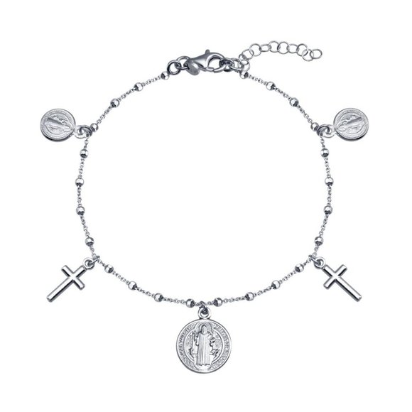 Sterling Silver 925 Multiple Dangling Cross Medallion Bracelet